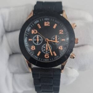Black & Copper Tone Dial Stainless Steel Back Black Sillicone Stripes Wristwatch 2
