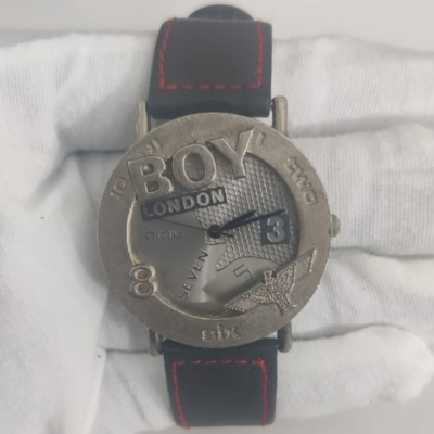 Boy London Stainless Steel Back Falcon Theme Black Leather Stripes Wristwatch