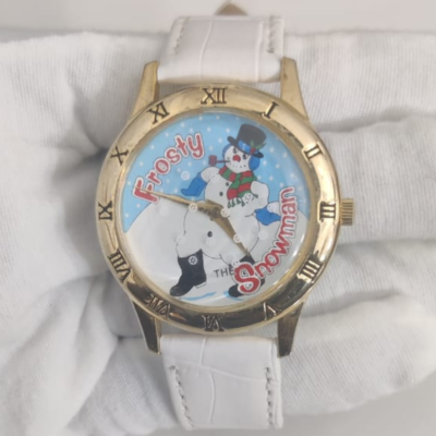 Consort V-121 Frosty Snowman Stainless Steel Back White Leather Stripes Wristwatch