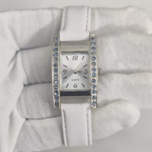 Fancy White Leather Stripes Stainless Steel Back Ladies Wristwatch 2