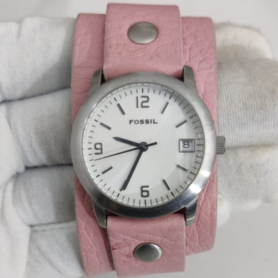 Fossil Stainless Steel Back Pink Leather Stripe Ladies Wristwatch