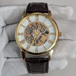 Gold Color Dial Stainless Steel Back Leather Stripes Wristwatch 1