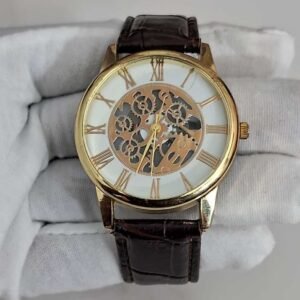 Gold Color Dial Stainless Steel Back Leather Stripes Wristwatch 2