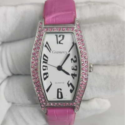 Gramercy 11848F Stainless Steel Back Pink Leather Stipes Ladies Wristwatch