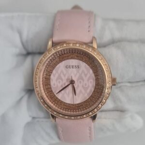 Guess Stainless Steel Back Pink Leather Stripes Ladies Wristwatch 1