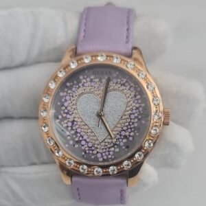 Guess Stainless Steel Back Purple Leather Stripes Ladies Wristwach 1