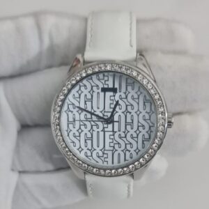 Guess W056L1 Stainless Steel Back Japan Movement White Leather Stripes Wristwatch 2