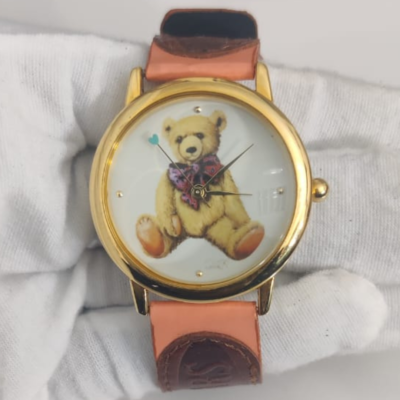 I Love Bears Stainless Steel Back Leather Stripes Wristwatch