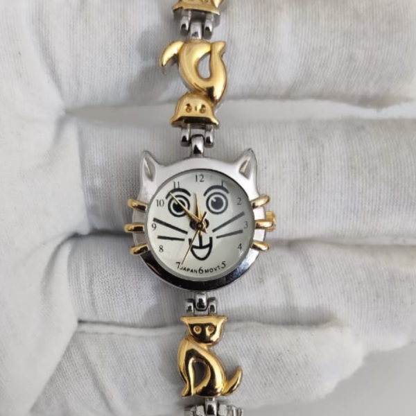 Kitty Face Dial Stainless Steel Back Japan Movement Ladies Wristwatch