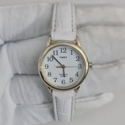 Timex T9 Stainless Steel Back White Leather Stripes Ladies Wristwatch