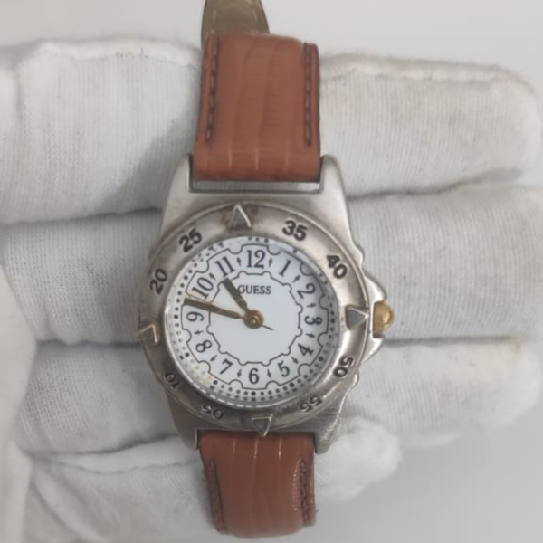 Vintage Guess Stainless Steel Back Leather Stripes Japan Movement Ladies Wristwatch 1993