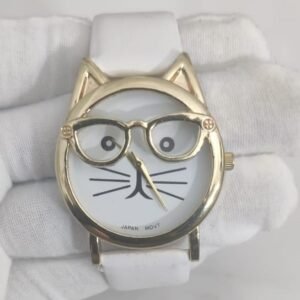 White Kitty Stainless Steel Back Leather Stripes Ladies Wristwatch 1