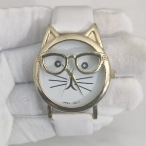 White Kitty Stainless Steel Back Leather Stripes Ladies Wristwatch 2