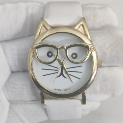 White Kitty Stainless Steel Back Leather Stripes Ladies Wristwatch