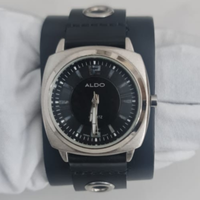 Aldo Stainless Steel Back Black Leather Stripe Wristwatch