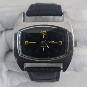 Black & Yellow Dial Stainless Steel Back Japan Movement Leather Stripe Men Wristwatch 1