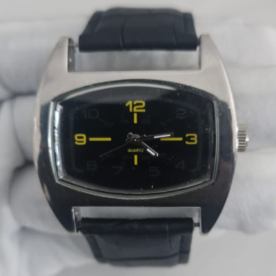 Black & Yellow Dial Stainless Steel Back Japan Movement Leather Stripe Men Wristwatch