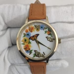 Butterfly Theme Stainless Steel Back Leather Stripes Ladies Wristwatch 1
