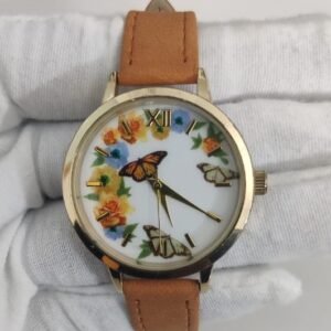 Butterfly Theme Stainless Steel Back Leather Stripes Ladies Wristwatch 2