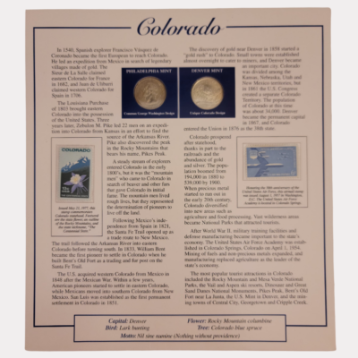 Colorado Colorful Colorado 1876 With Colorado Statehood Quarter-Dollars Coins 2006 & State Stamps