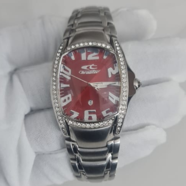 ChronoTech Stainless Steel Back Red Bubble Dial Wristwatch