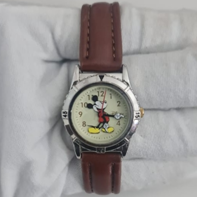 Disney MCK320280 Mickey Mouse Theme Stainless Steel Back Leather Stripes Japan Movement Wristwatch