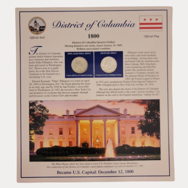 District Of Columbia 1800 With Statehood Quarter-Dollars Coins 2009 & State Stamps