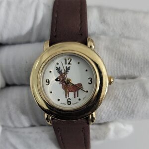 Elk Deer Theme Stainless Steel Back Leather Stripes Ladies Wristwatch 1