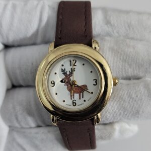 Elk Deer Theme Stainless Steel Back Leather Stripes Ladies Wristwatch 2