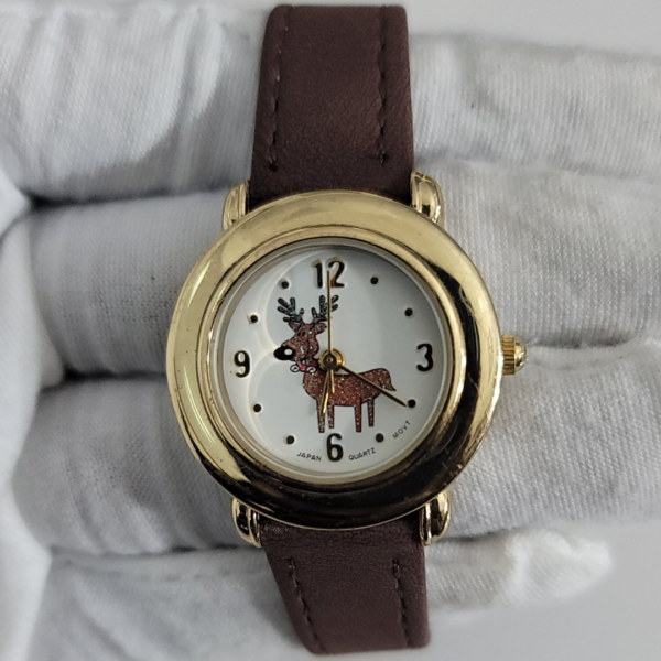 Elk Deer Theme Stainless Steel Back Leather Stripes Ladies Wristwatch