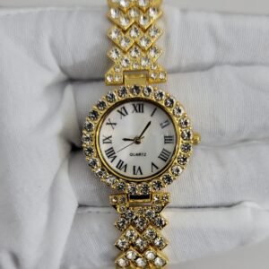 Gold Tone Stone Decor Stainless Steel Back Ladies Wristwatch 1