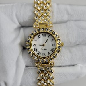 Gold Tone Stone Decor Stainless Steel Back Ladies Wristwatch 2