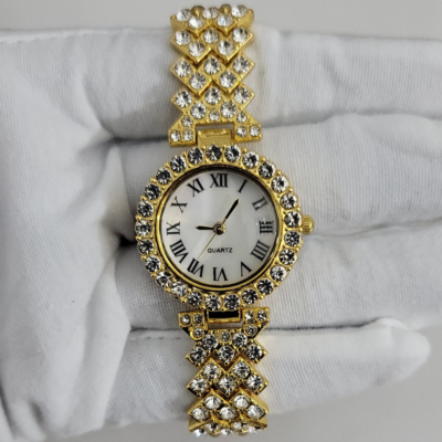 Gold Tone Stone Decor Stainless Steel Back Ladies Wristwatch