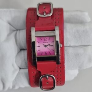 Guess G56003L Stainless Steel Back Reddish Pink Leather Stripe Ladies Wristwatch 1