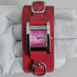 Guess G56003L Stainless Steel Back Reddish Pink Leather Stripe Ladies Wristwatch