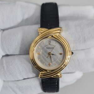 Guess Gold Tone Dial Stainless Steel Back Black Leather Stripes Ladies Wristwatch 1