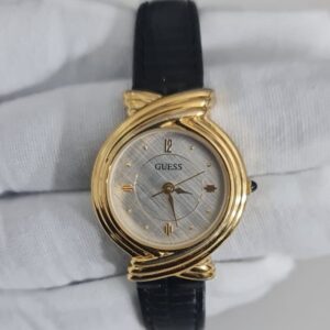 Guess Gold Tone Dial Stainless Steel Back Black Leather Stripes Ladies Wristwatch 2