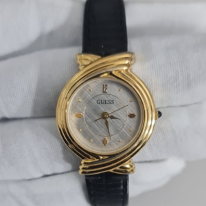 Guess Gold Tone Dial Stainless Steel Back Black Leather Stripes Ladies Wristwatch