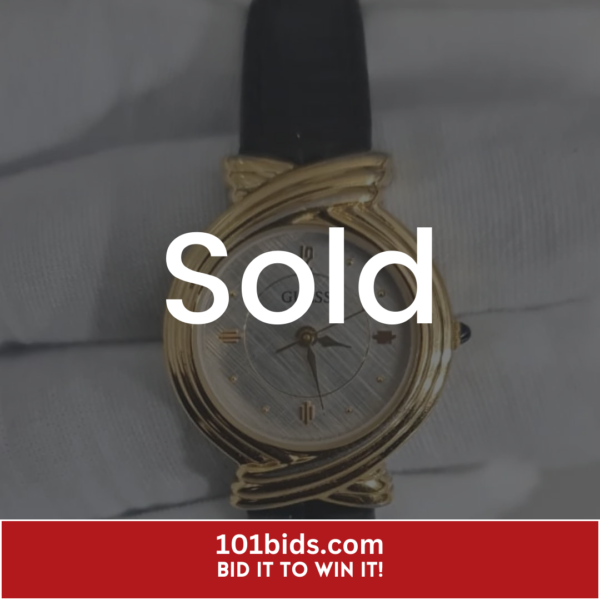 Guess-Gold-Tone-Dial-Stainless-Steel-Back-Black-Leather-Stripes-Ladies-Wristwatch sold