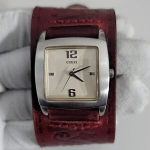 Guess Stainless Steel Back Maroon Leather Stripe Ladies Wristwatch 1