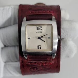 Guess Stainless Steel Back Maroon Leather Stripe Ladies Wristwatch 2