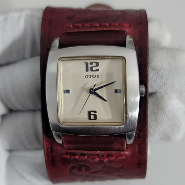 Guess Stainless Steel Back Maroon Leather Stripe Ladies Wristwatch