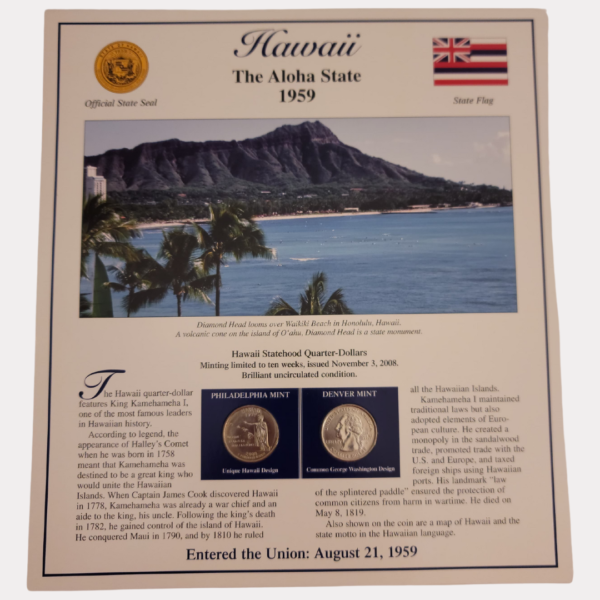 Hawaii The Aloha State 1959 With Hawaii Statehood Quarter-Dollars Coins 2008 & State Stamps