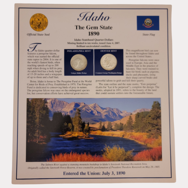 Idaho The Gem State 1890 With Idaho Statehood Quarter-Dollars Coins 2007 & State Stamps