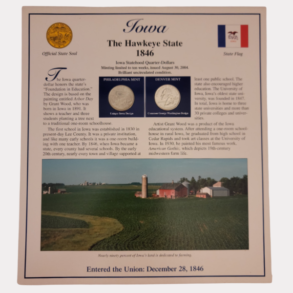 Iowa The Hawkeye State 1846 Iowa Statehood Quarter-Dollars Coins 2004 & State Stamps