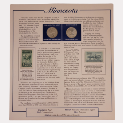 Minnesota Land of 10,000 Lakes 1858 With Minnesota Statehood Quarter-Dollars Coins 2005 & State Stamps