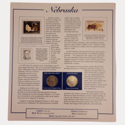 Nebraska The Cornhusker State 1867 With Nebraska Statehood Quarter-Dollars Coins 2005 & State Stamps