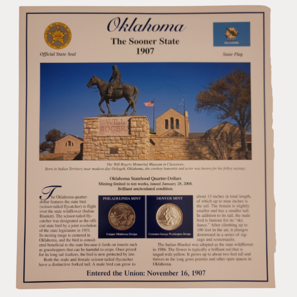 Oklahoma The Sooner State 1907 With Oklahoma Statehood Quarter-Dollars Coins 2008 & State Stamps