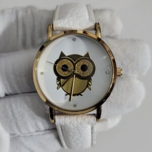 Owl Theme White & Gold Stainless Steel Back Leather Stripes Wristwatch 1