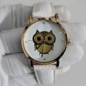 Owl Theme White & Gold Stainless Steel Back Leather Stripes Wristwatch 2